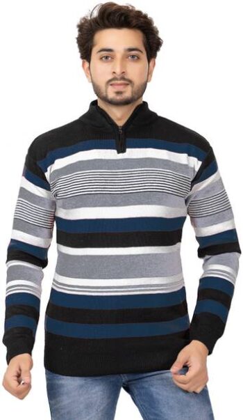 Men Striped Collared Neck Blue Sweater
