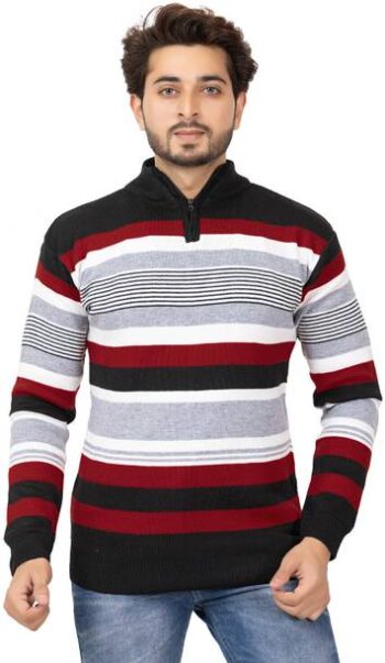 Men Striped Collared Neck Dark Blue Sweater