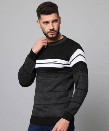 Men Colorblock Round Neck Black Sweater
