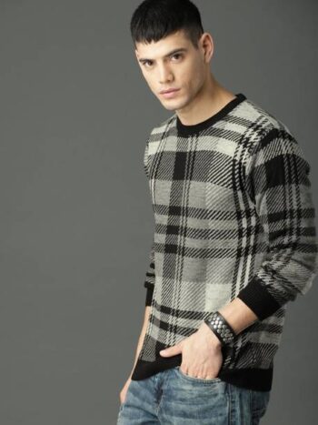 Men Checkered Round Neck Grey Sweater