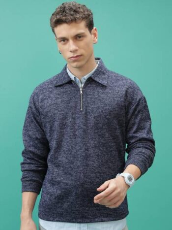 Men Solid Collared Neck Blue Sweater