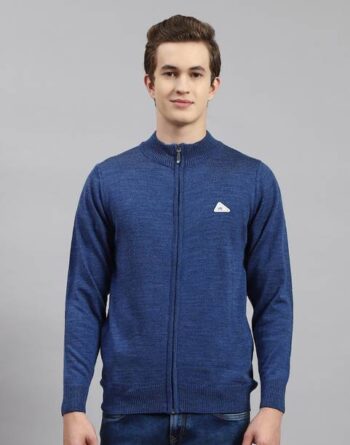Men Self Design Crew Neck Blue Sweater