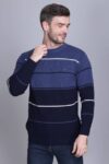 Men Striped Round Neck Dark Blue Sweater