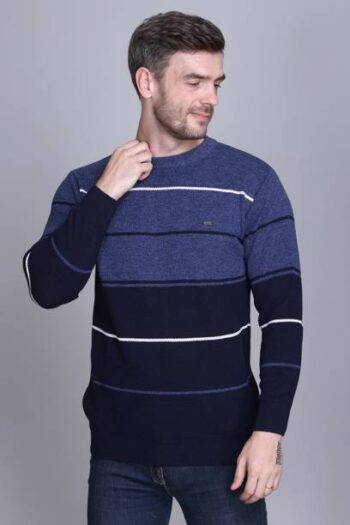 Men Striped Round Neck Dark Blue Sweater
