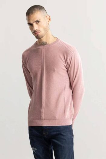 Men Self Design Crew Neck Pink Sweater