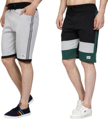 Pack of 2 Self Design Men Silver, Black Regular Shorts